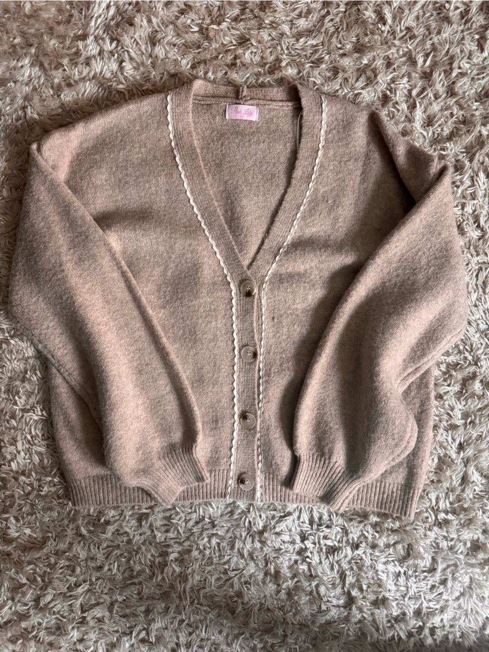 Pink Lily Soft Taupe Button Front Cardigan with Scallop Trim